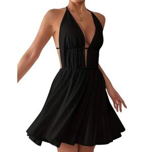 NEW WFB Black Halter Tie Cutout Dress Bikini Cover Up Backless Mini Party XS